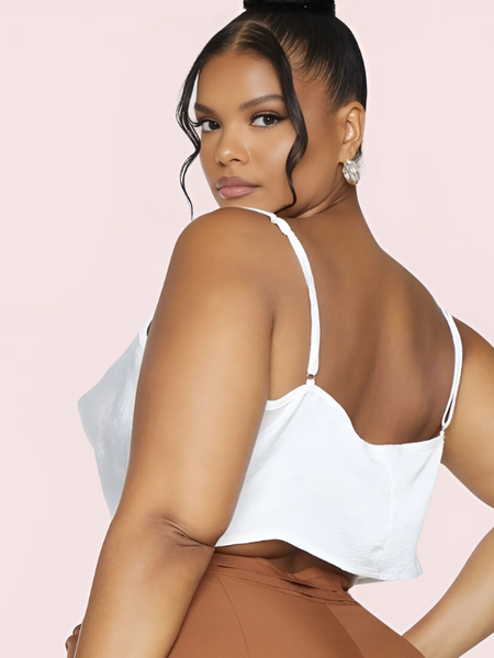 Plus  Size White Satin Cropped Cowl Neck Cami Top