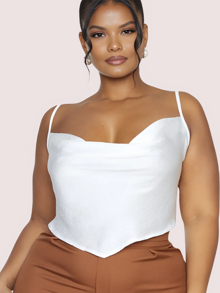 Plus  Size White Satin Cropped Cowl Neck Cami Top