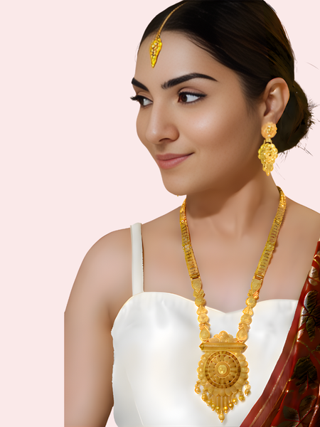 Traditional Temple Gold Necklace Set with Pendant, Earrings & Maang Tikka