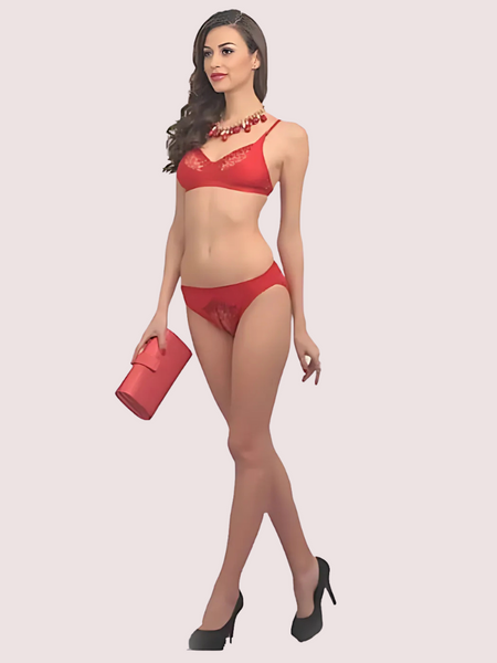 Fancy Hot Red Embroidery Bra Brief Set