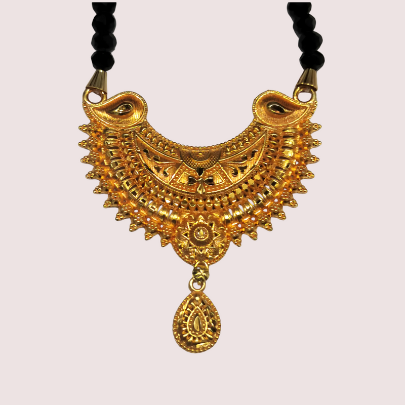 Traditional Crescent Pendant Long Mangalsutra with Gold-Toned Beads