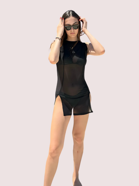 Maison Allure Sheer Black Mini Dress with Dual Open Slits