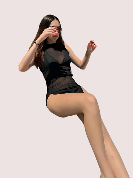Maison Allure Sheer Black Mini Dress with Dual Open Slits