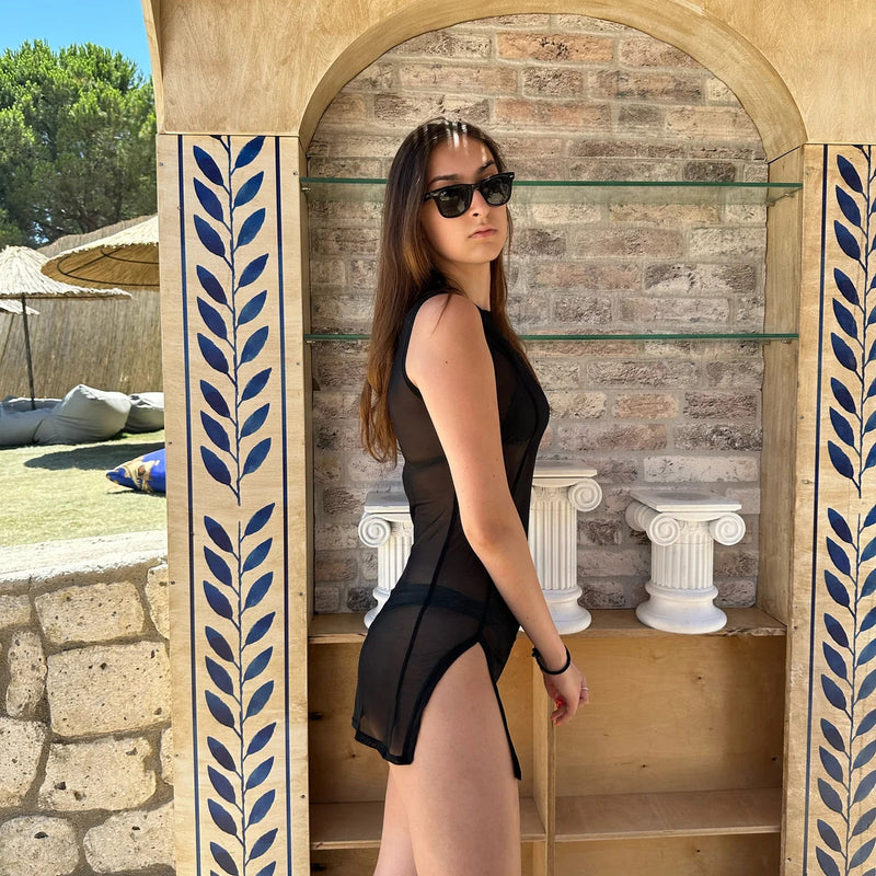 Sheer Black Mini Dress with Dual Open Slits